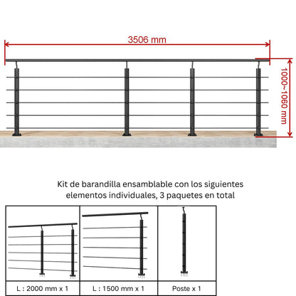 Barandilla aluminio negro mate / plateado mate, modulable 100‑500 cm, interior‑exterior, fijación al suelo Negro mate 350 cm