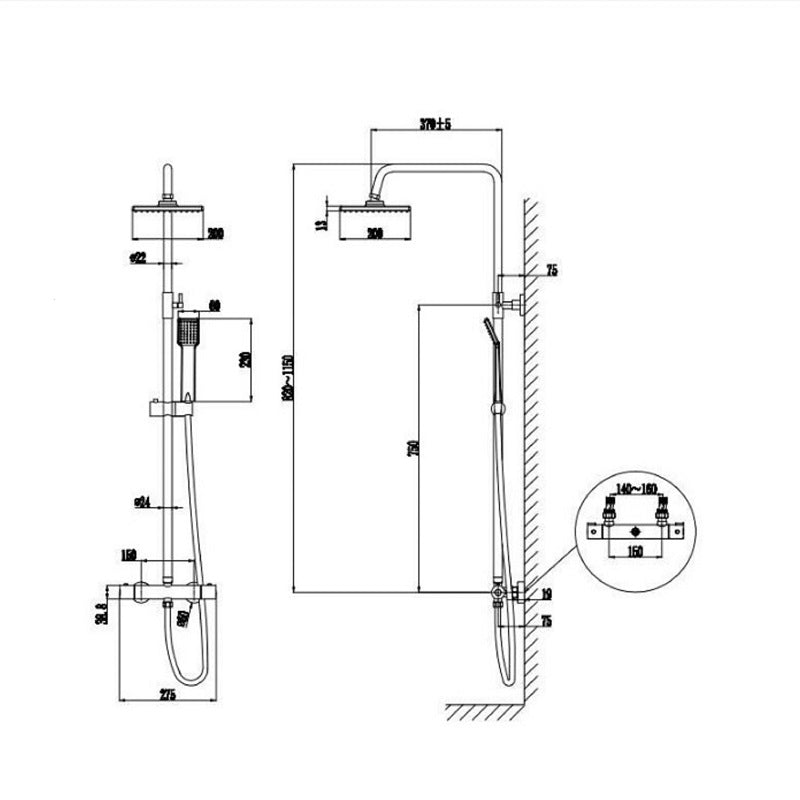 Aica Columna de ducha, termostato 38?, Barra regulable 82~115cm, Rociador cuadrado cromado en acero inoxidable, Plata Brillante, Ducha Lluvia Baño