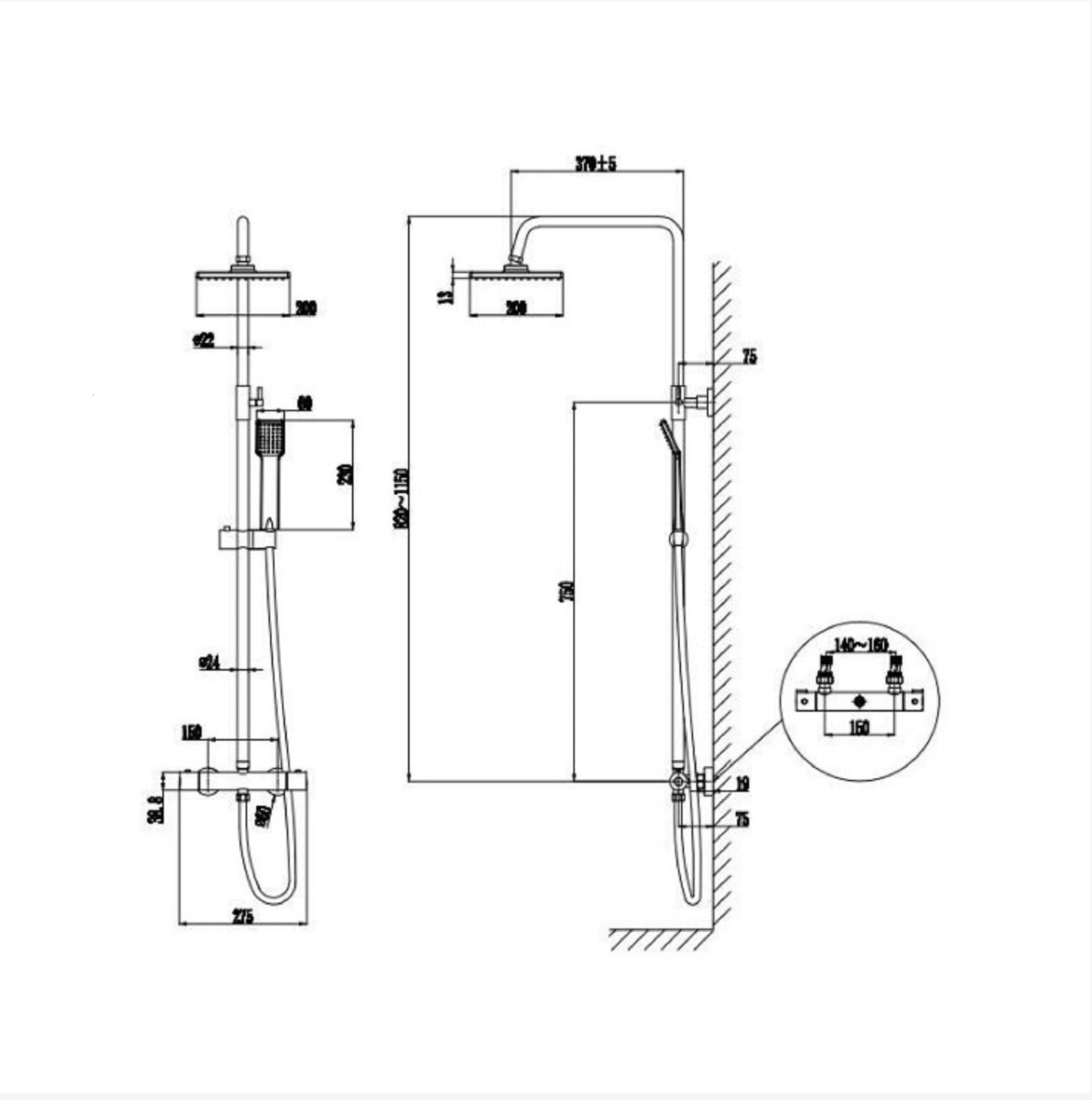 Columna de ducha termostática Cromo Válvula termostática Cabezal cuadrado de baño