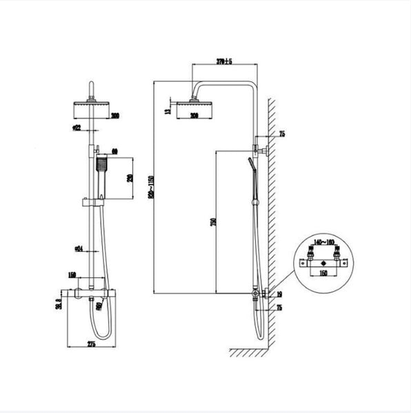 Columna Ducha termostática 38?, Válvula de termostato cromada, Ducha de Baño, alcachofa grande cuadrada con manguera en Cromo de acero inoxidable, Aica Ducha Lluvia