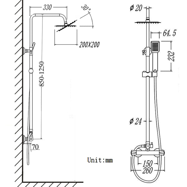 Ducha de baño, Columna extensible y Alcachofa flexible, termostato con manguera en cromo, Ducha Lluvia, Regulable barra cromada cuadrada en acero inoxidable, Aica 85-125cm