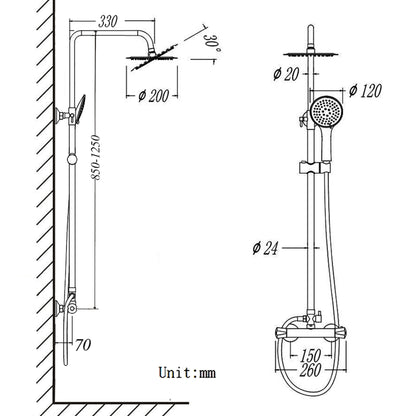 Ducha de baño Columna extensible y Alcachofa flexible, termostato con manguera en cromo, Ducha Lluvia, Regulable barra cuadrada