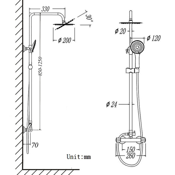 Ducha de baño, Columna extensible y Alcachofa flexible, termostato con manguera en cromo, Ducha Lluvia, Regulable barra cromada cuadrada en acero inoxidable, Aica 85-125cm