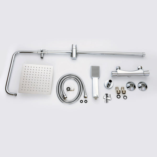 Ducha de baño, Columna extensible y Alcachofa flexible, termostato con manguera en cromo, Ducha Lluvia, Regulable barra cromada cuadrada en acero inoxidable, Aica 85-125cm