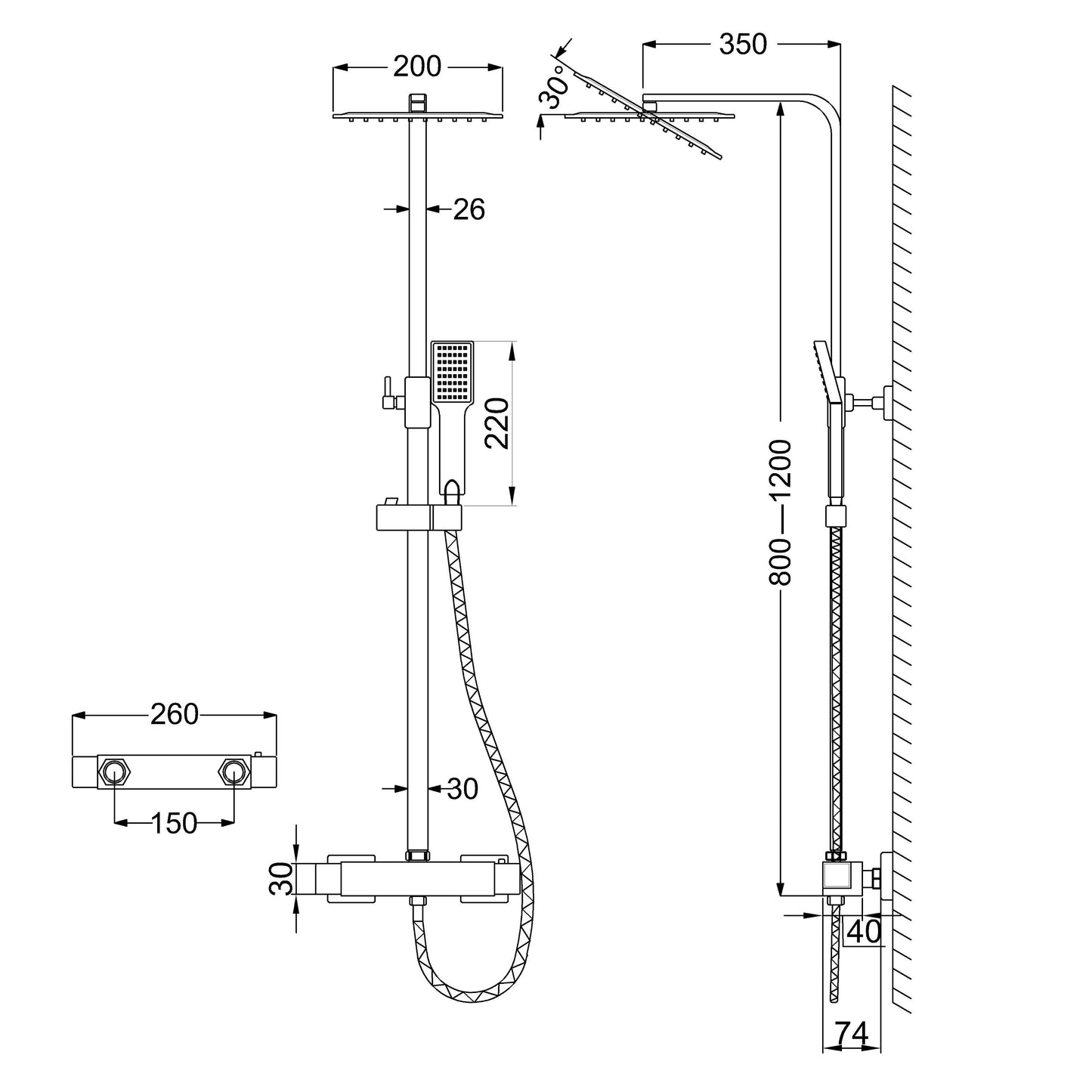 Columna de ducha termostática Cromo Válvula termostática Cabezal cuadrado de baño