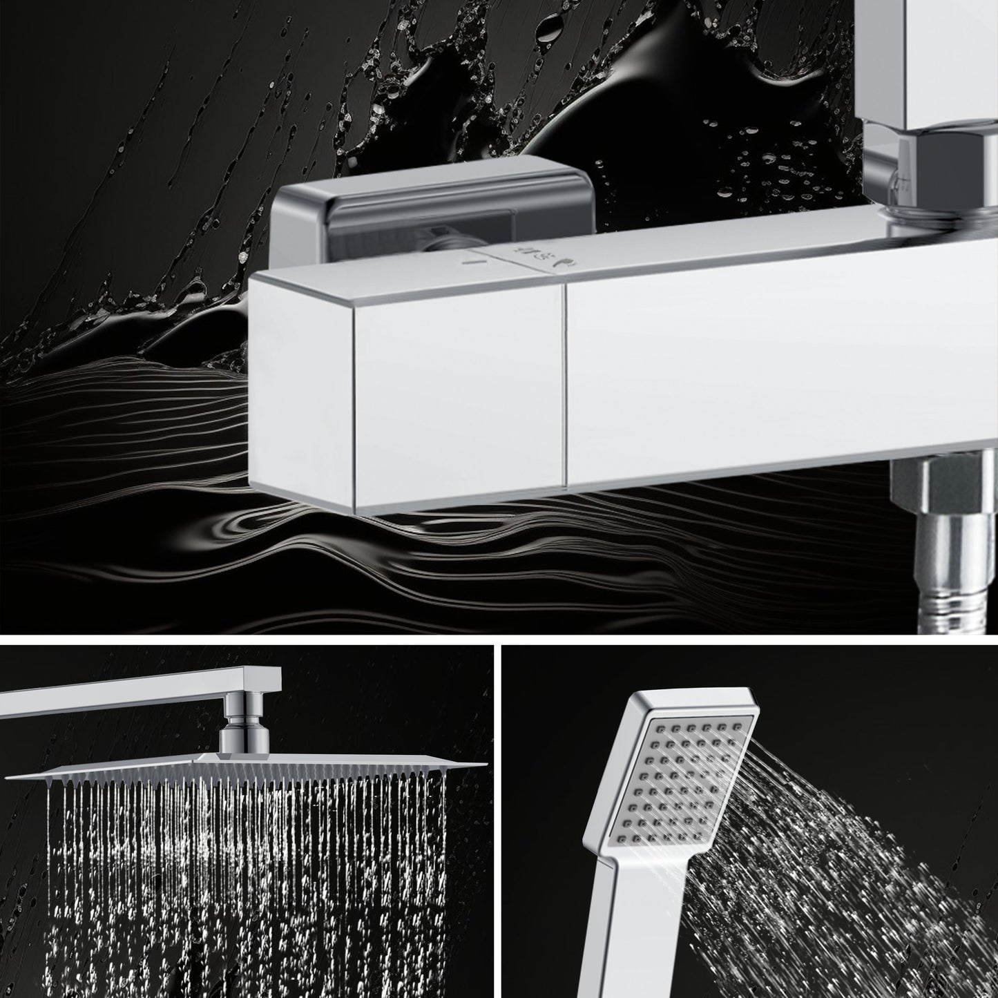 Columna de Ducha Termostática Plata Brillante con Barra Ajustable y Rociador Superior Acero Inoxidable Diseño Sencillo para Baño Aica Sanitarios