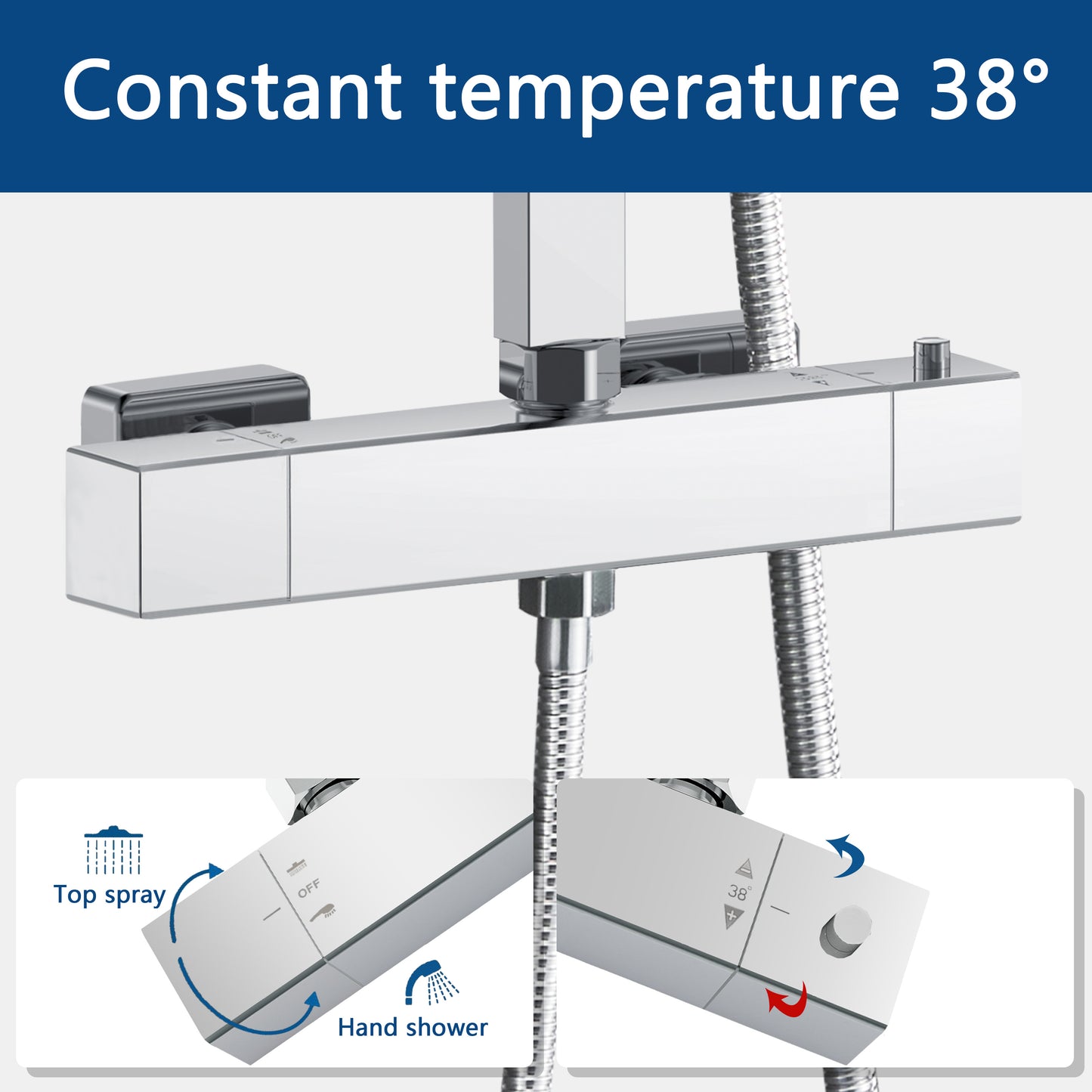 Columna de Ducha Termostática Plata Brillante con Barra Ajustable y Rociador Superior Acero Inoxidable Diseño Sencillo para Baño Aica Sanitarios