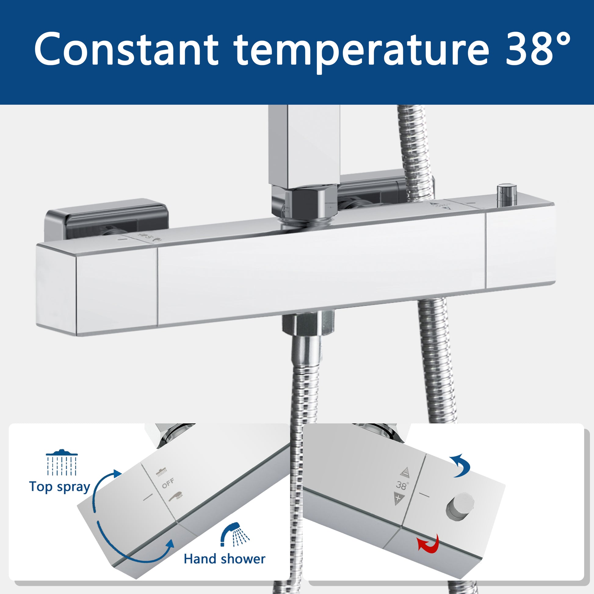 Columna de Ducha Termostática Plata Brillante con Barra Ajustable y Rociador Superior Acero Inoxidable Diseño Sencillo para Baño Aica Sanitarios