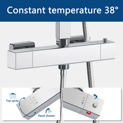 Columna de Ducha Termostática Plata Brillante con Barra Ajustable y Rociador Superior Acero Inoxidable Diseño Sencillo para Baño Aica Sanitarios