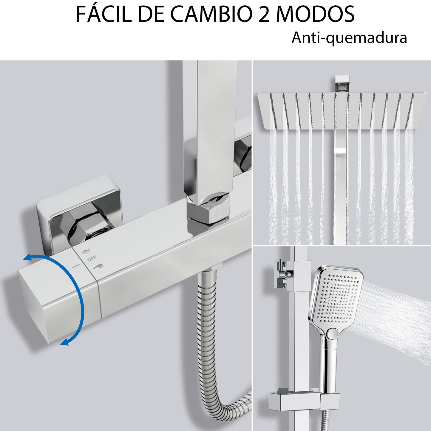 Aica Columna de Ducha con termostato y alcachofa cuadrada 30x30cm rociador superior plata brillante barra regulable