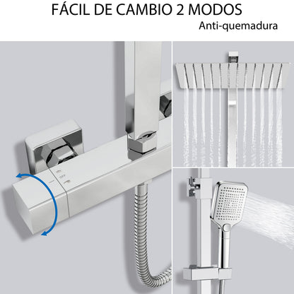 Aica Columna de Ducha con termostato y alcachofa cuadrada 30x30cm rociador superior plata brillante barra regulable