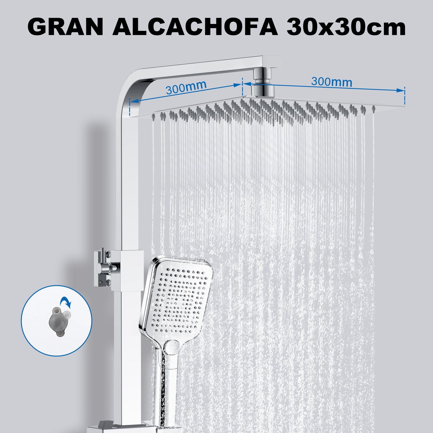 Aica Columna de Ducha con termostato y alcachofa cuadrada 30x30cm rociador superior plata brillante barra regulable