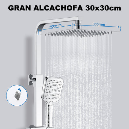 Aica Columna de Ducha con termostato y alcachofa cuadrada 30x30cm rociador superior plata brillante barra regulable