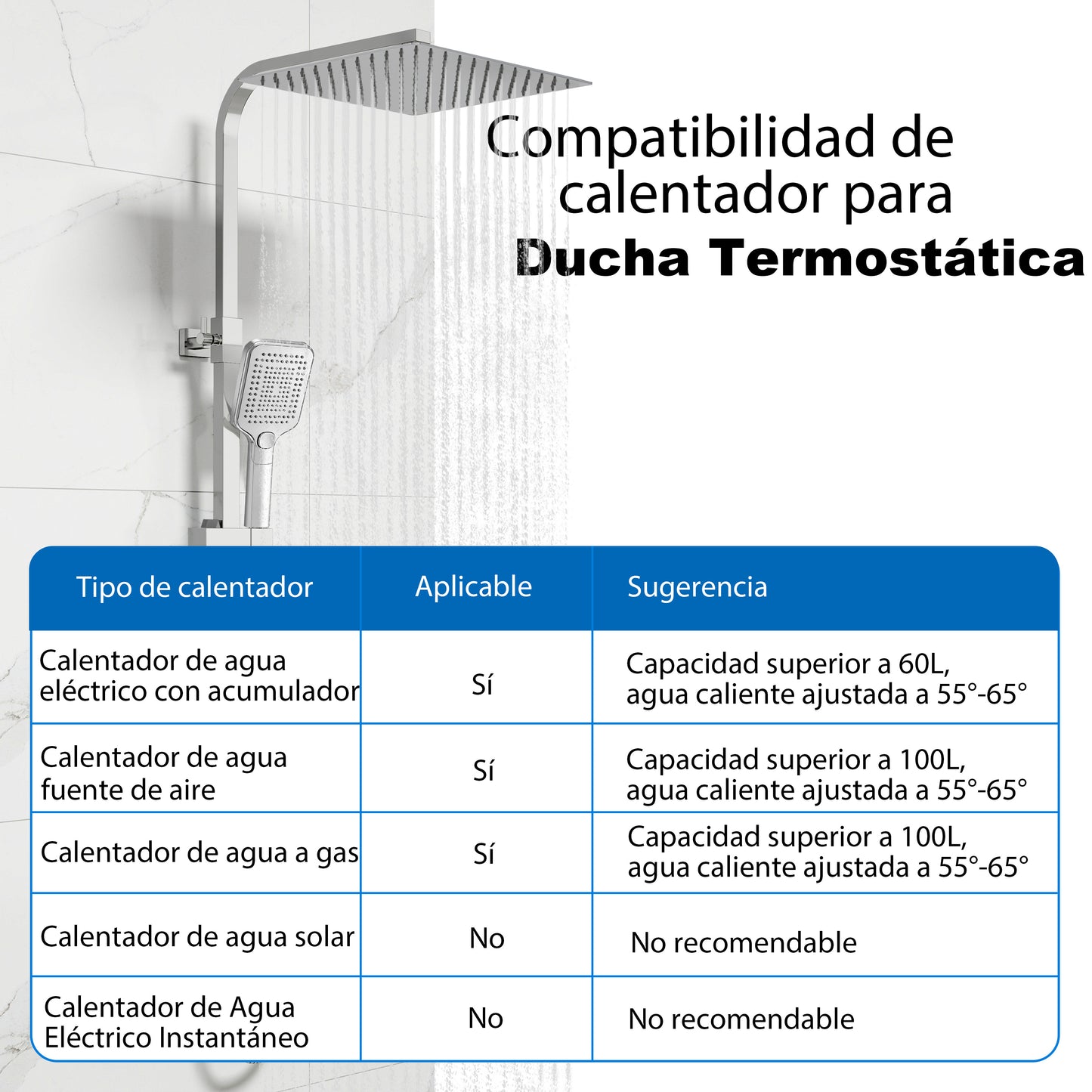 Aica Columna de Ducha con termostato y alcachofa cuadrada 30x30cm rociador superior plata brillante barra regulable