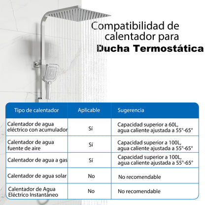 Aica Columna de Ducha con termostato y alcachofa cuadrada 30x30cm rociador superior plata brillante barra regulable