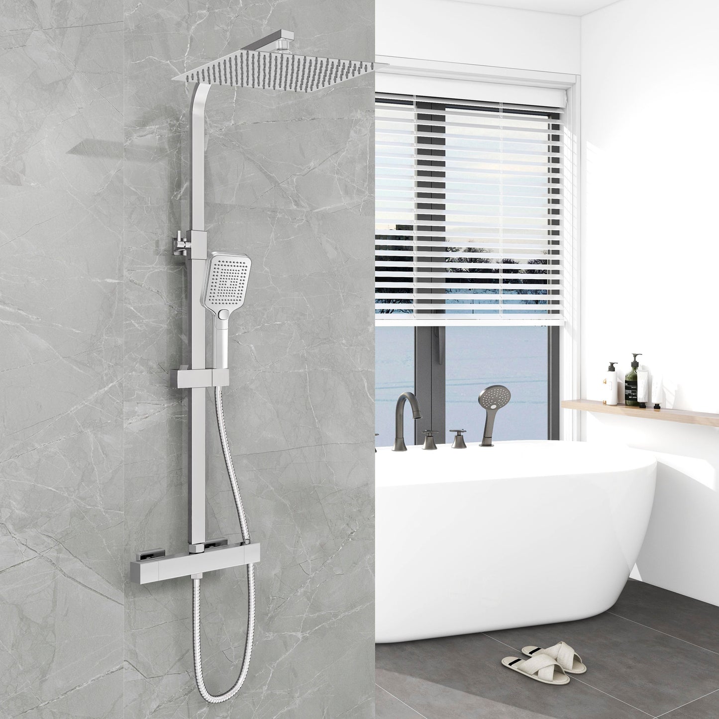 Aica Columna de Ducha con termostato y alcachofa cuadrada 30x30cm rociador superior plata brillante barra regulable