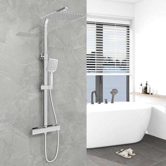 Aica Columna de Ducha con termostato y alcachofa cuadrada 30x30cm rociador superior plata brillante barra regulable