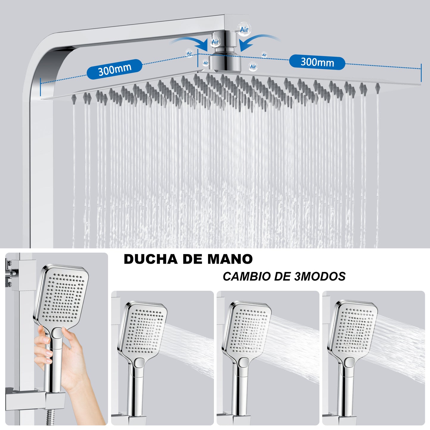 Aica Columna de Ducha con termostato y alcachofa cuadrada 30x30cm rociador superior plata brillante barra regulable