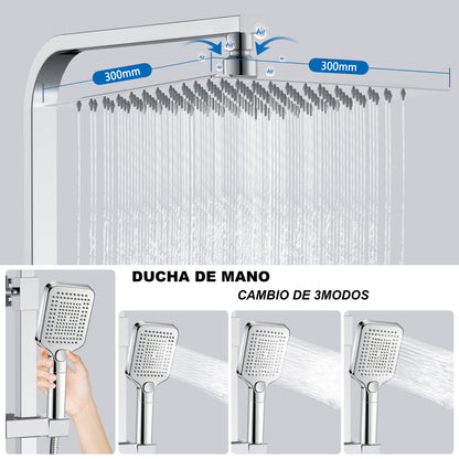 Aica Columna de Ducha con termostato y alcachofa cuadrada 30x30cm rociador superior plata brillante barra regulable