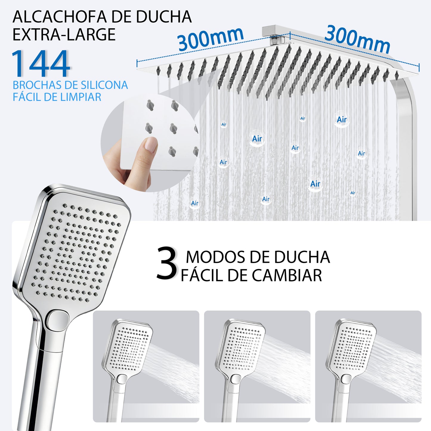 Aica Columna de Ducha con termostato y alcachofa cuadrada 30x30cm rociador superior plata brillante barra regulable