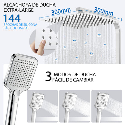 Aica Columna de Ducha con termostato y alcachofa cuadrada 30x30cm rociador superior plata brillante barra regulable