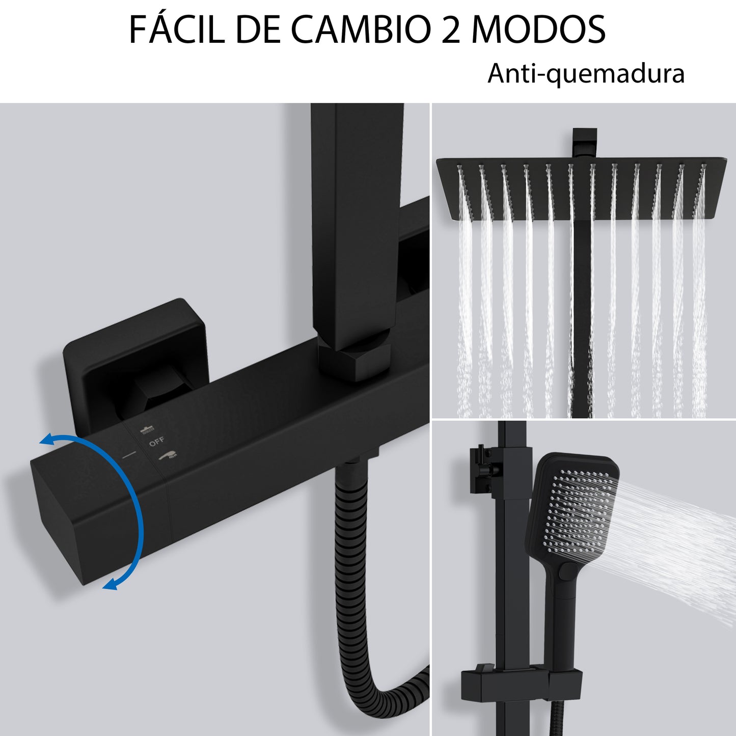 Aica Columna de Ducha Alcachofa Cuadrada con Termostato 30x30cm Rociador Superior Negro Mate Barra Regulable