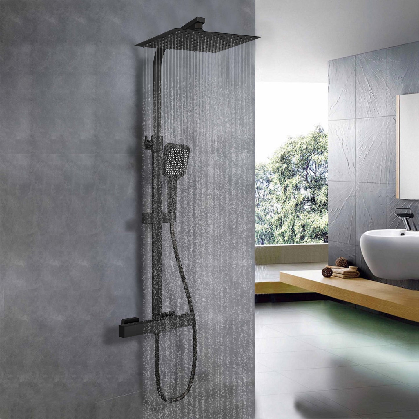 Aica Columna de Ducha Alcachofa Cuadrada con Termostato 30x30cm Rociador Superior Negro Mate Barra Regulable