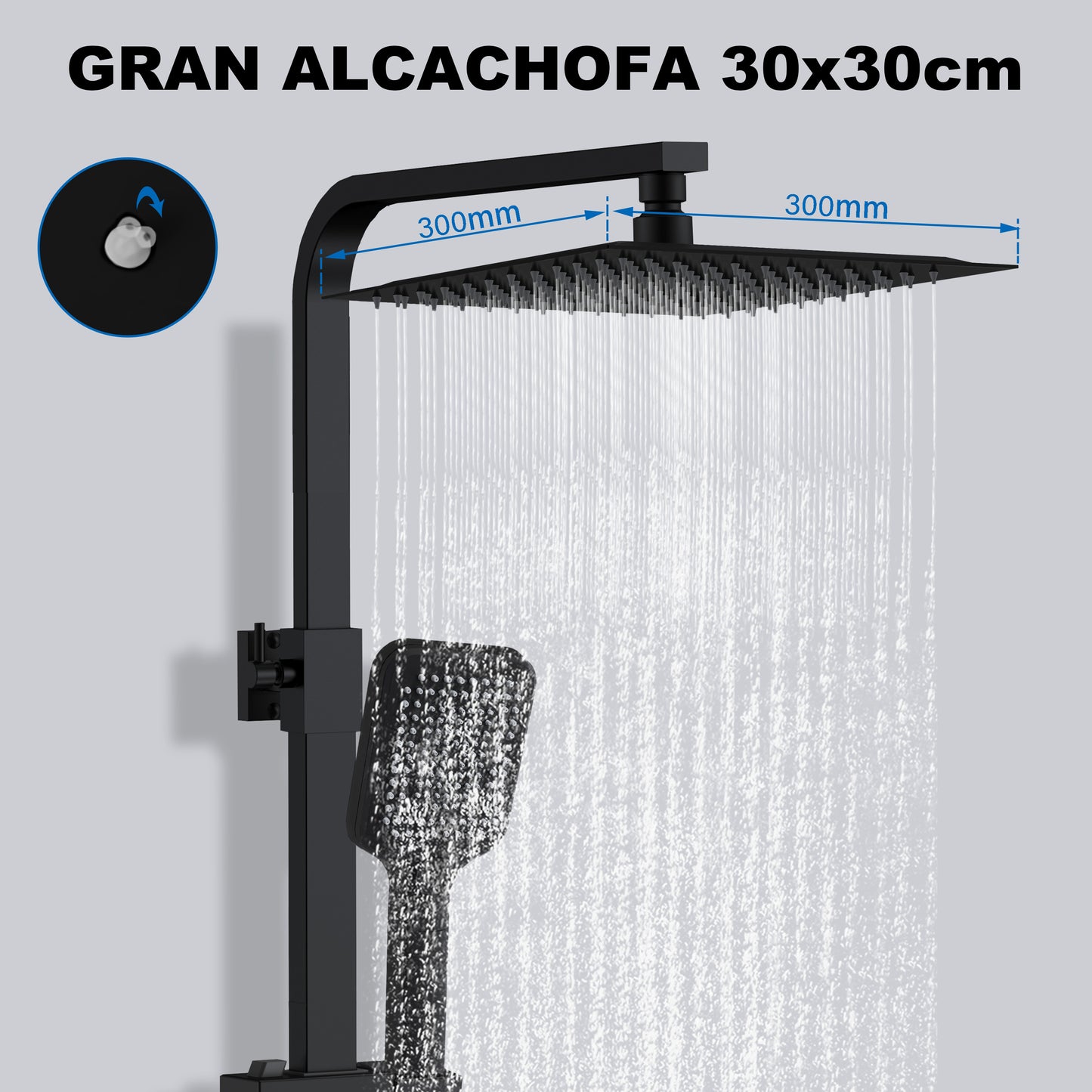 Aica Columna de Ducha Alcachofa Cuadrada con Termostato 30x30cm Rociador Superior Negro Mate Barra Regulable