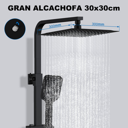 Aica Columna de Ducha Alcachofa Cuadrada con Termostato 30x30cm Rociador Superior Negro Mate Barra Regulable