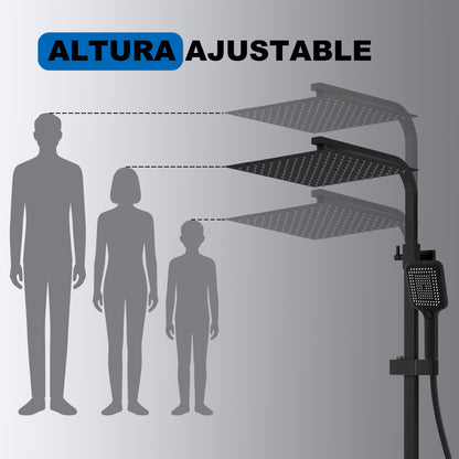 Aica Columna de Ducha Alcachofa Cuadrada con Termostato 30x30cm Rociador Superior Negro Mate Barra Regulable