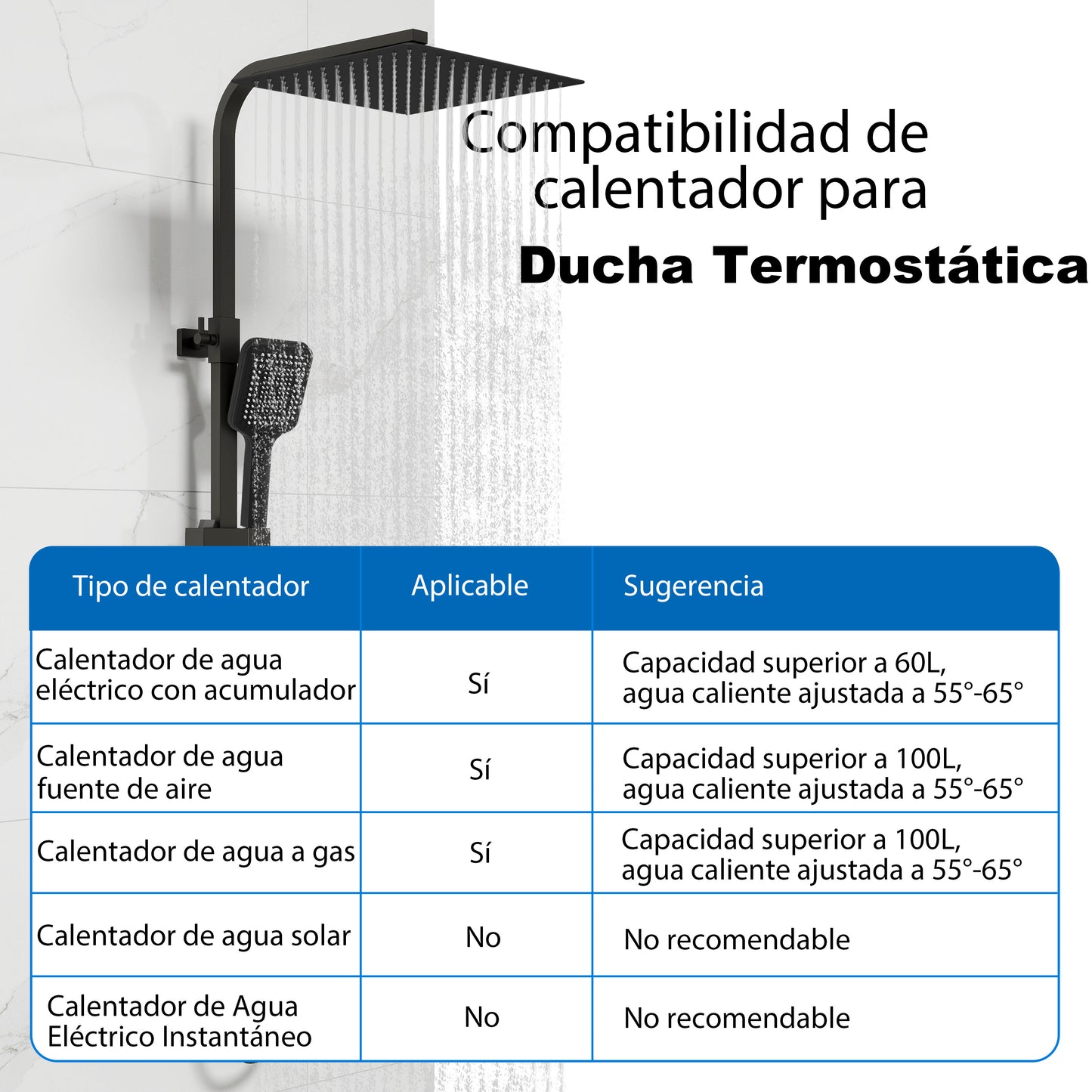 Aica Columna de Ducha Alcachofa Cuadrada con Termostato 30x30cm Rociador Superior Negro Mate Barra Regulable