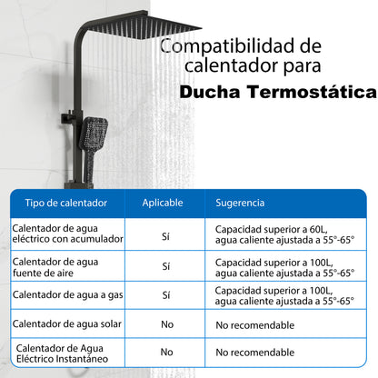 Aica Columna de Ducha Alcachofa Cuadrada con Termostato 30x30cm Rociador Superior Negro Mate Barra Regulable
