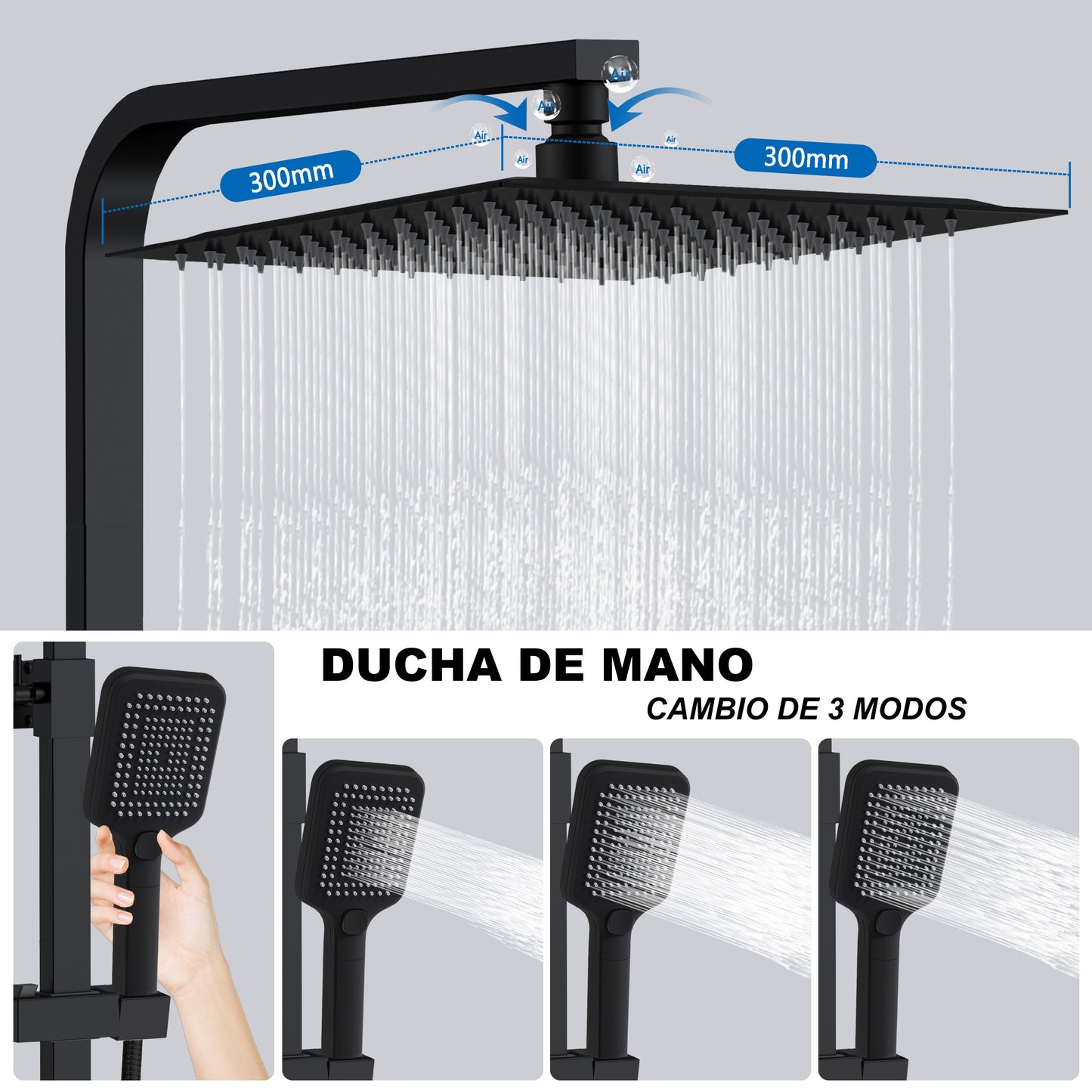 Aica Columna de Ducha Alcachofa Cuadrada con Termostato 30x30cm Rociador Superior Negro Mate Barra Regulable