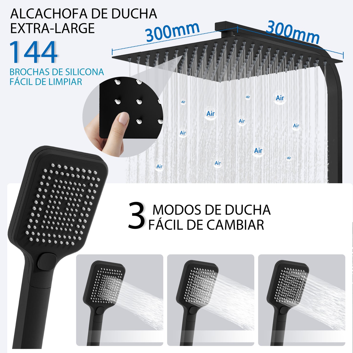 Aica Columna de Ducha Alcachofa Cuadrada con Termostato 30x30cm Rociador Superior Negro Mate Barra Regulable