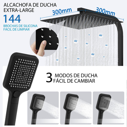 Aica Columna de Ducha Alcachofa Cuadrada con Termostato 30x30cm Rociador Superior Negro Mate Barra Regulable