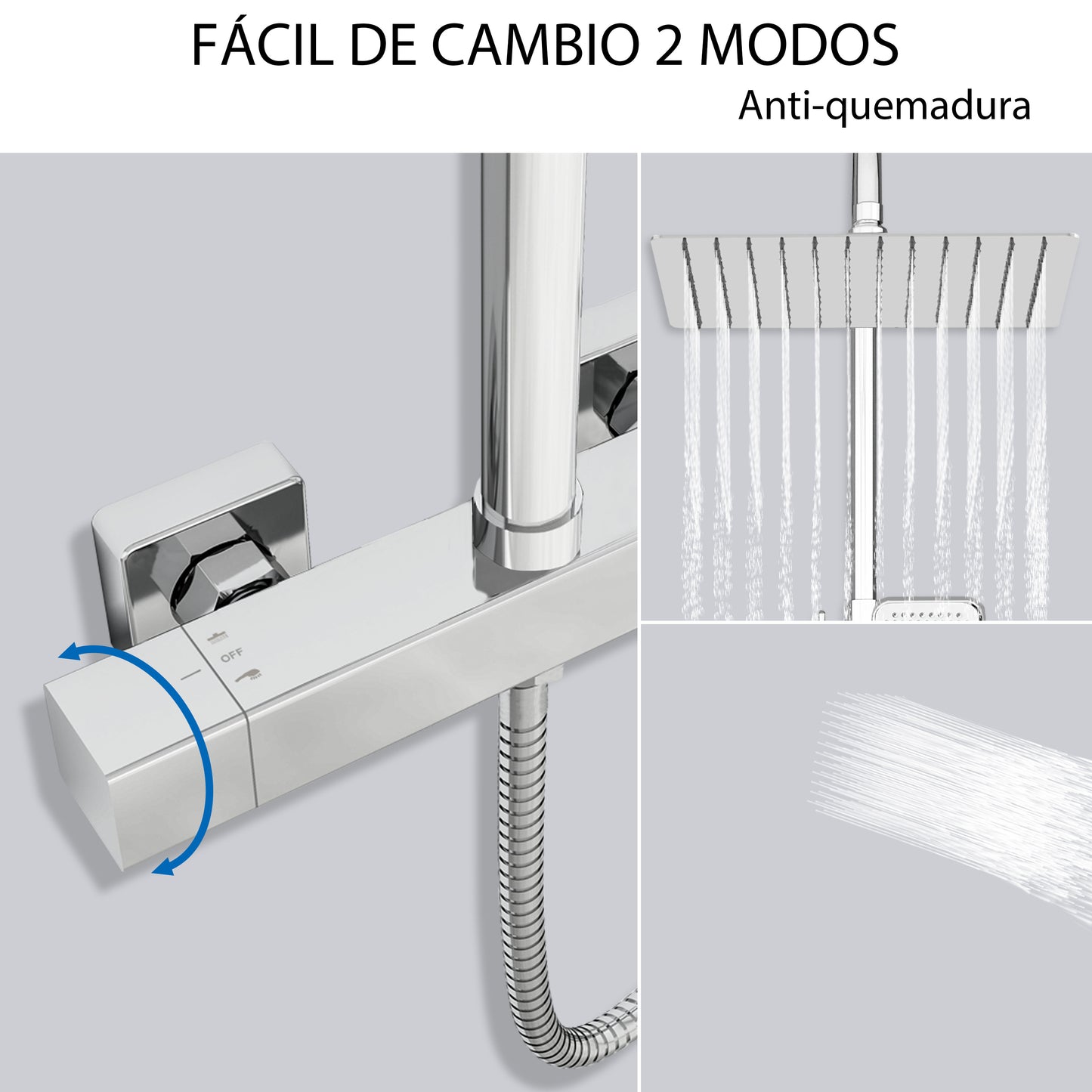 Aica Columna de Ducha con termostato y alcachofa cuadrada 30x30cm rociador superior plata brillante barra redonda