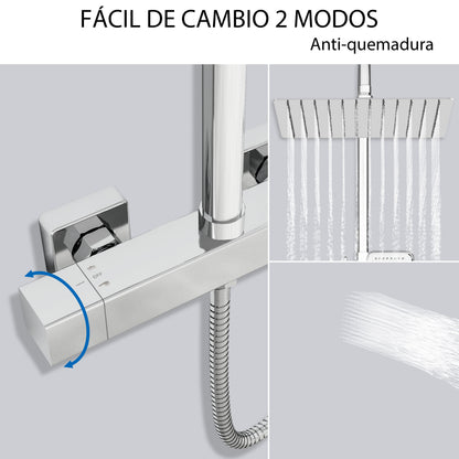 Aica Columna de Ducha con termostato y alcachofa cuadrada 30x30cm rociador superior plata brillante barra redonda