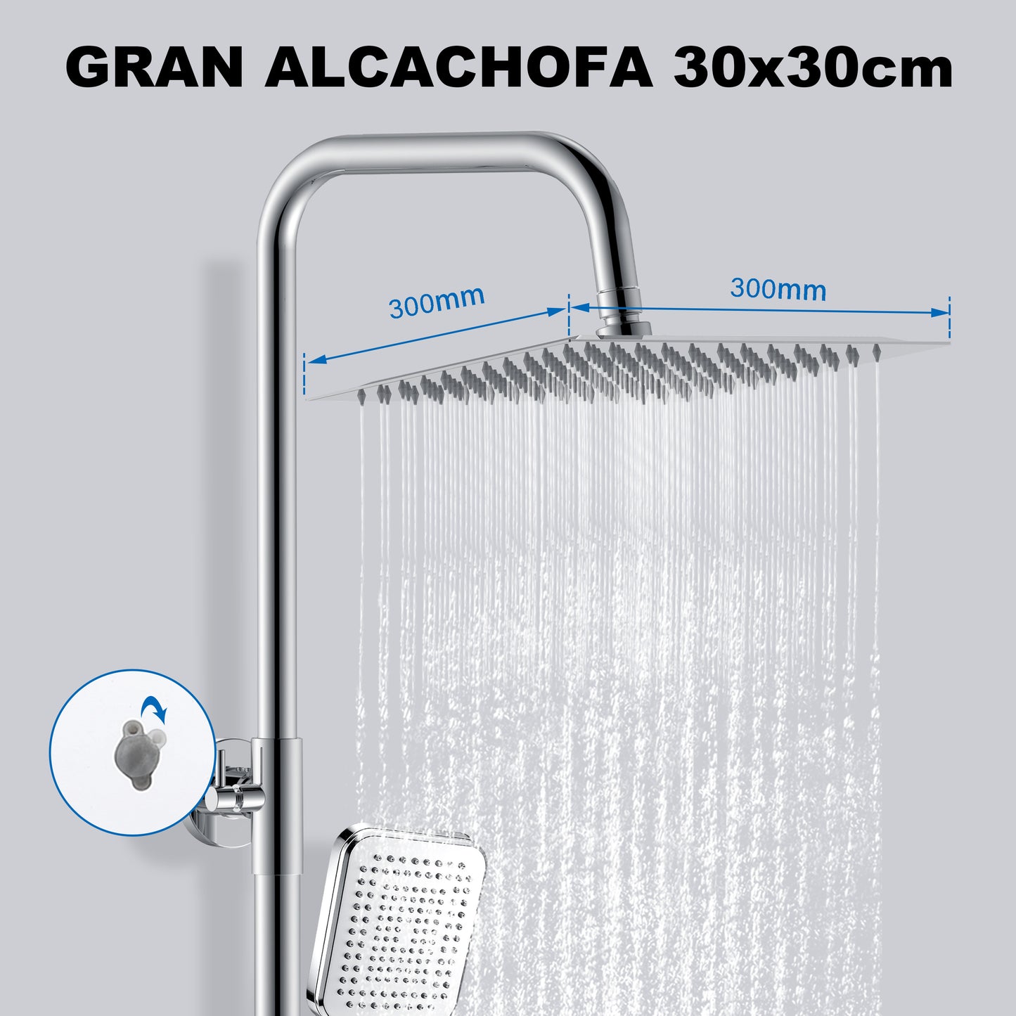Aica Columna de Ducha con termostato y alcachofa cuadrada 30x30cm rociador superior plata brillante barra redonda