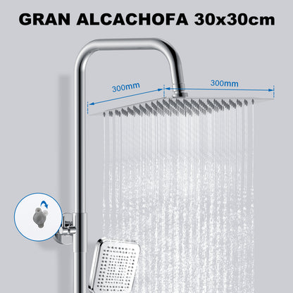 Aica Columna de Ducha con termostato y alcachofa cuadrada 30x30cm rociador superior plata brillante barra redonda