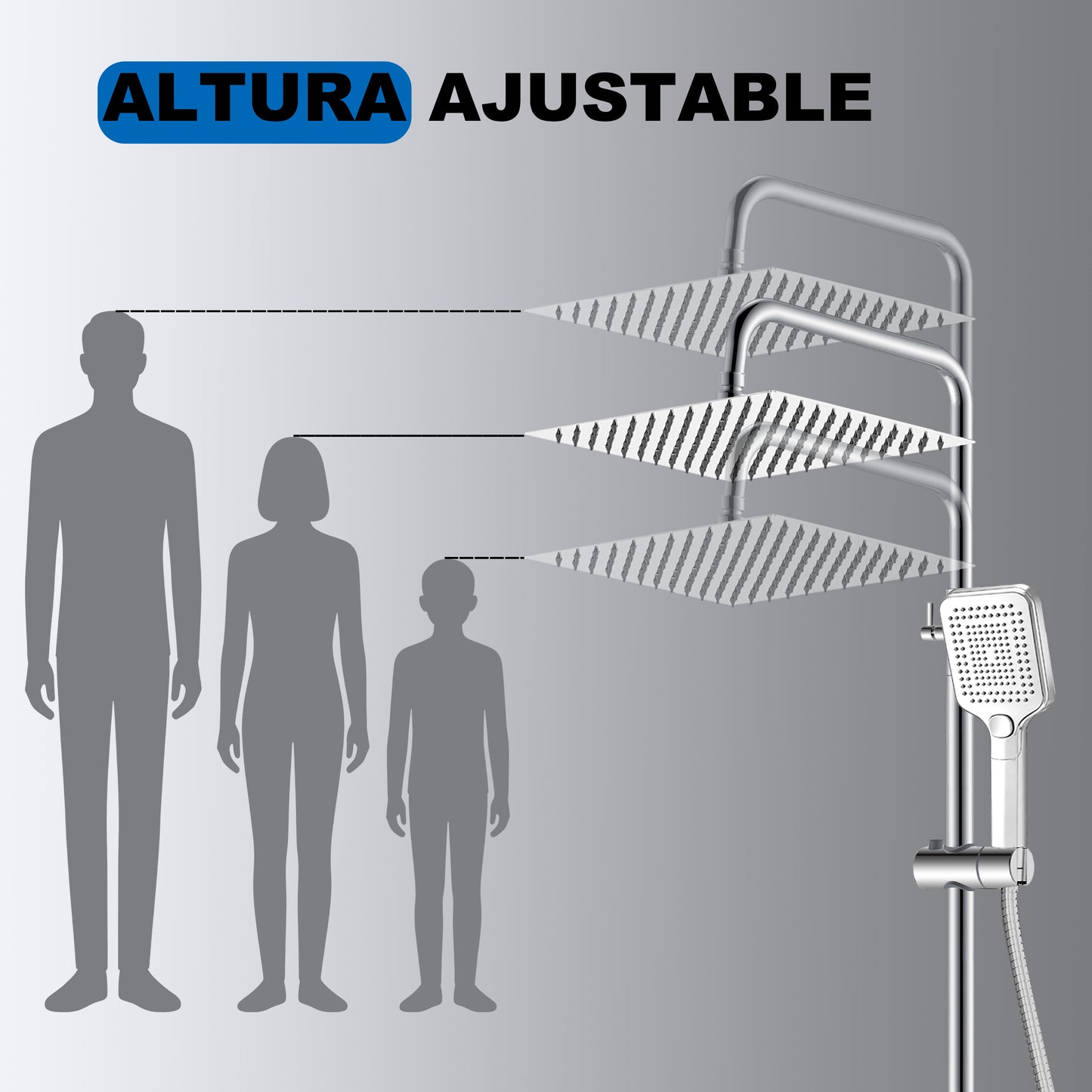 Aica Columna de Ducha con termostato y alcachofa cuadrada 30x30cm rociador superior plata brillante barra redonda