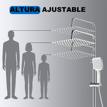 Aica Columna de Ducha con termostato y alcachofa cuadrada 30x30cm rociador superior plata brillante barra redonda