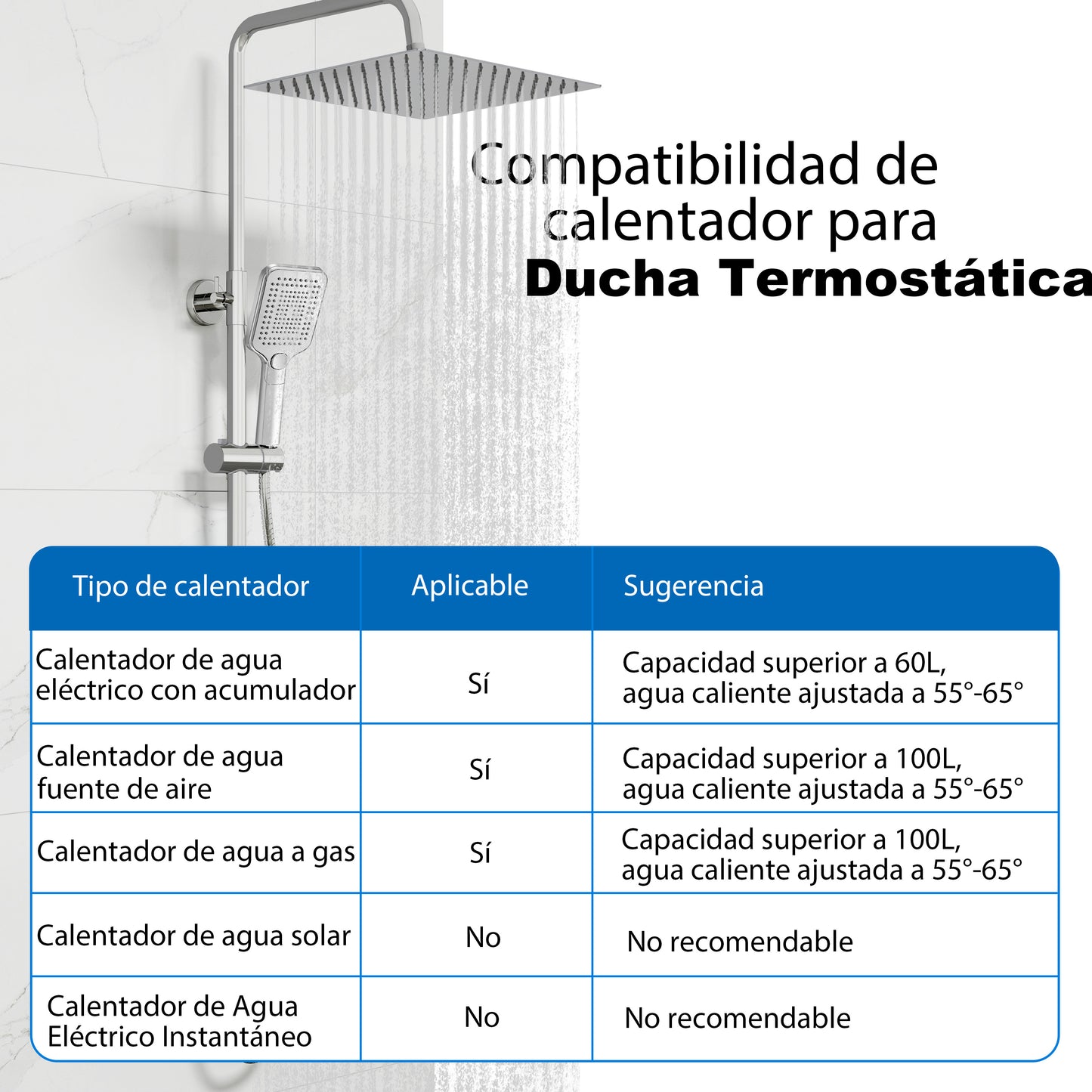 Aica Columna de Ducha con termostato y alcachofa cuadrada 30x30cm rociador superior plata brillante barra redonda
