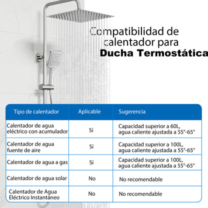 Aica Columna de Ducha con termostato y alcachofa cuadrada 30x30cm rociador superior plata brillante barra redonda