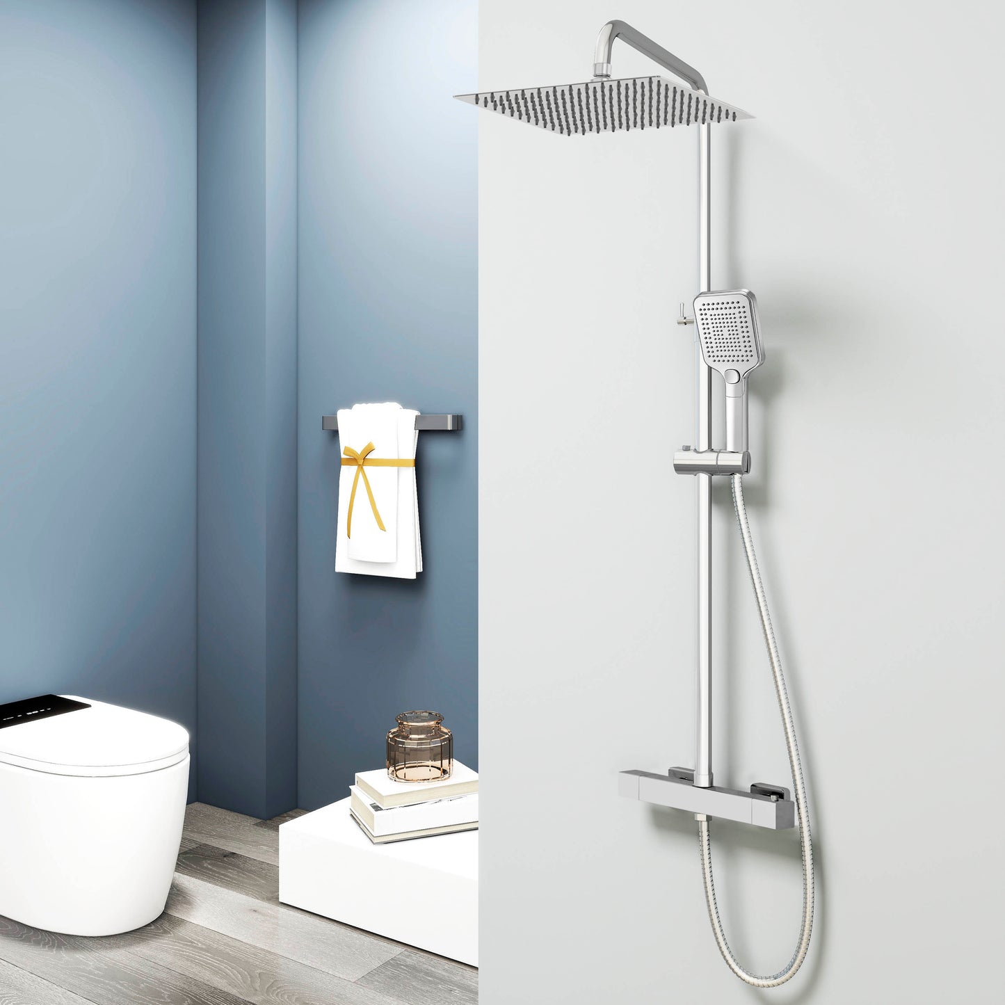 Aica Columna de Ducha con termostato y alcachofa cuadrada 30x30cm rociador superior plata brillante barra redonda