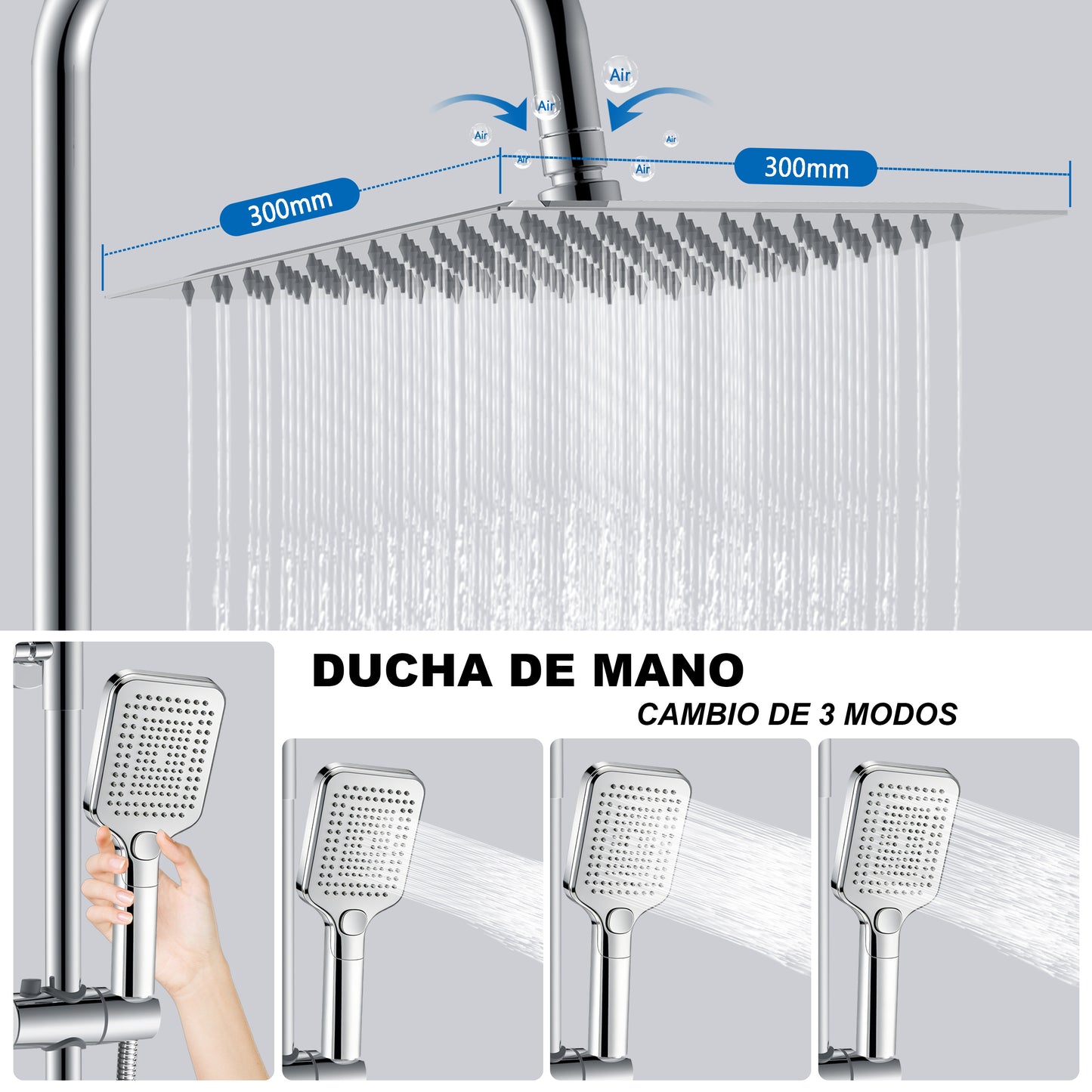 Aica Columna de Ducha con termostato y alcachofa cuadrada 30x30cm rociador superior plata brillante barra redonda