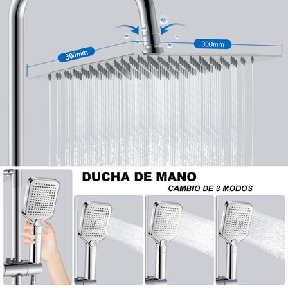 Aica Columna de Ducha con termostato y alcachofa cuadrada 30x30cm rociador superior plata brillante barra redonda