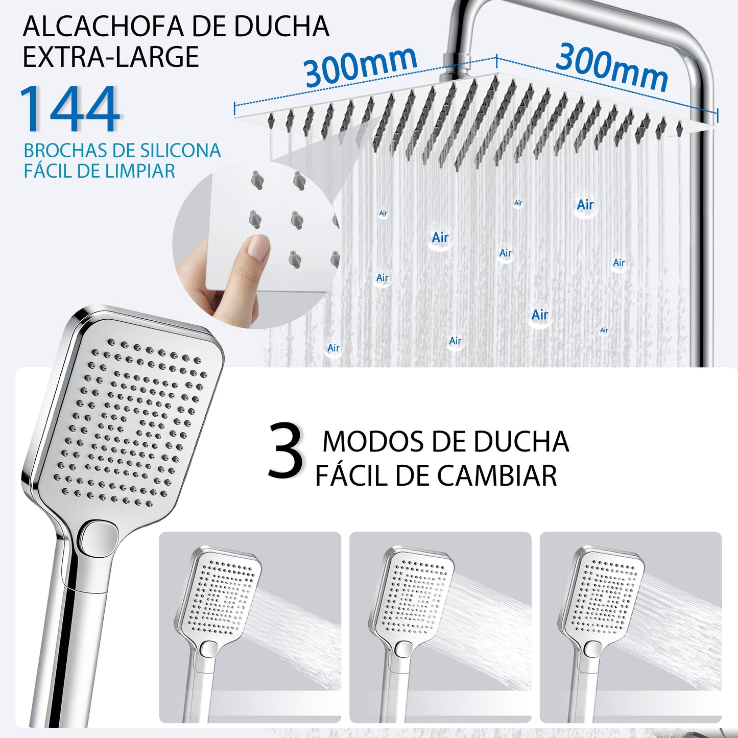 Aica Columna de Ducha con termostato y alcachofa cuadrada 30x30cm rociador superior plata brillante barra redonda