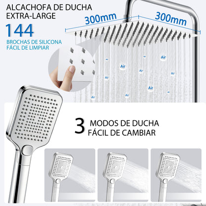 Aica Columna de Ducha con termostato y alcachofa cuadrada 30x30cm rociador superior plata brillante barra redonda