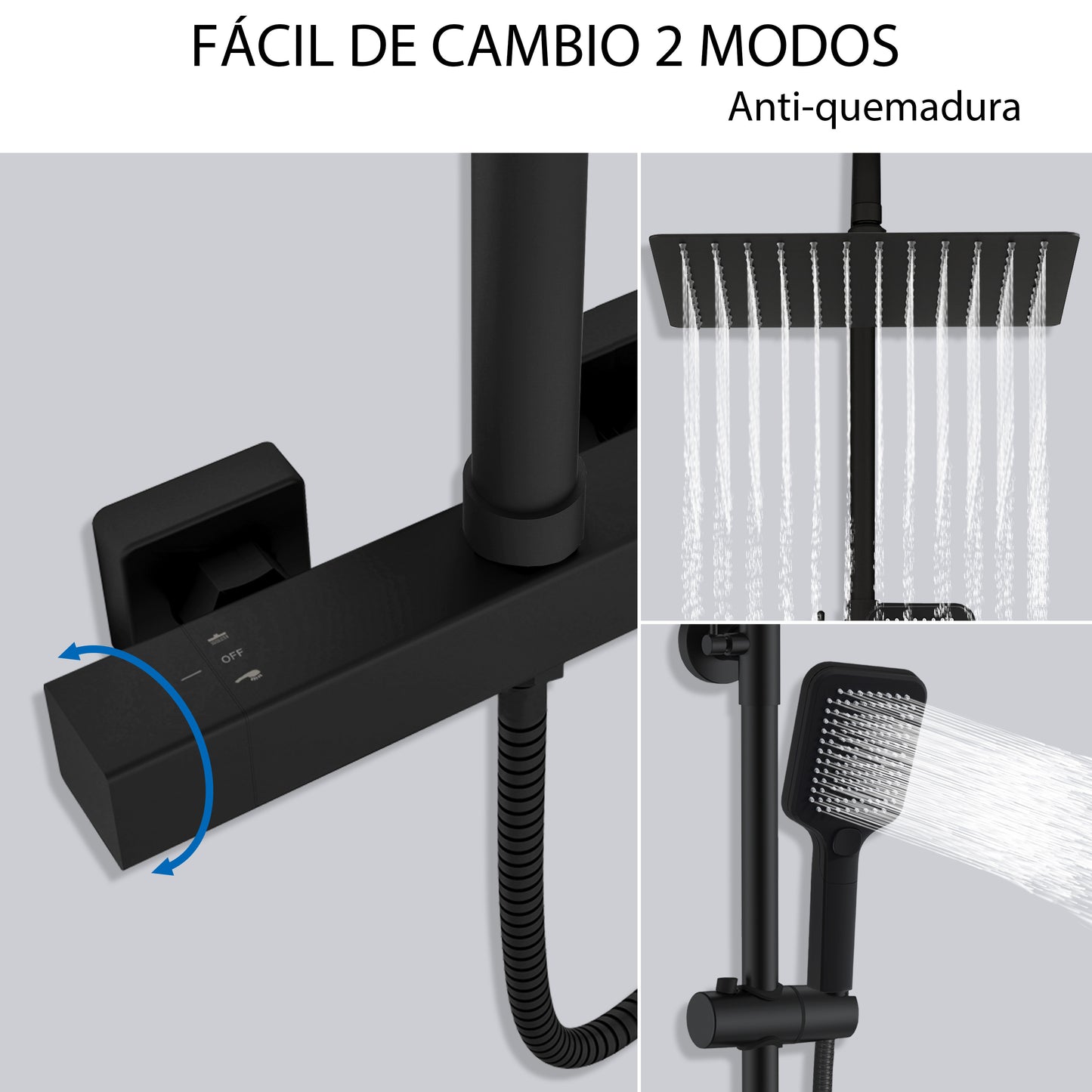 Aica Columna de Ducha con termostato y alcachofa cuadrada 30x30cm rociador superior negro mate barra redonda