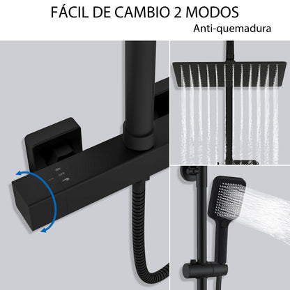 Aica Columna de Ducha con termostato y alcachofa cuadrada 30x30cm rociador superior negro mate barra redonda
